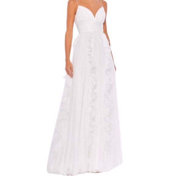 NWT Mac Duggal 49533 White Pleated Sleeveless Flowy Ruffle Gown - Sz 8